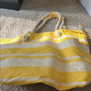 Yellow and White Striped Beach Tote Bag with Rope Handles